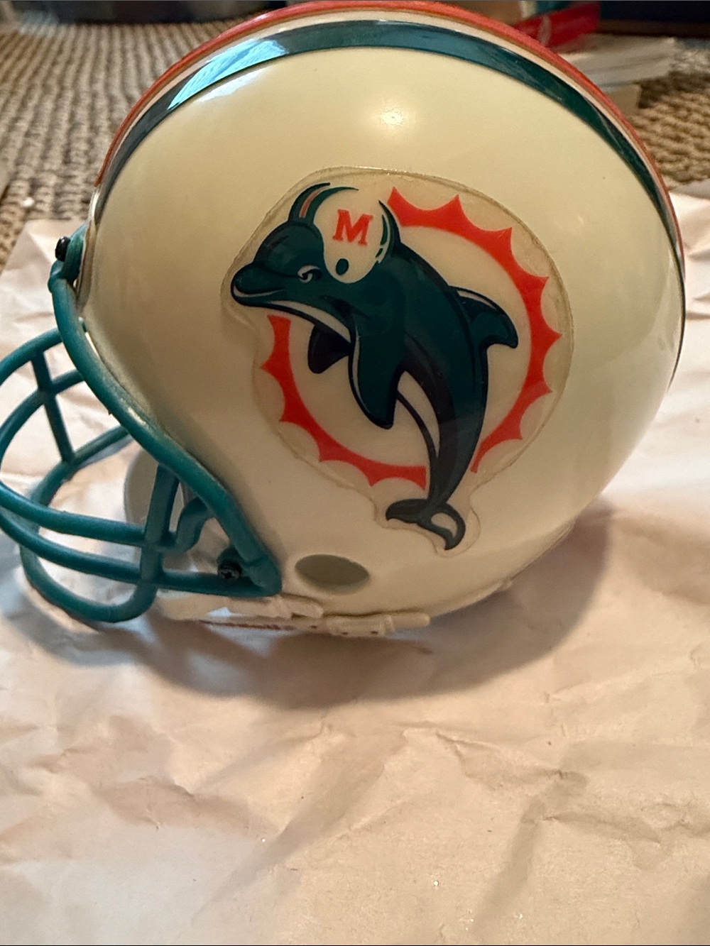 Vintage Teal and White Kids Football Helmet with Dolphin Logo